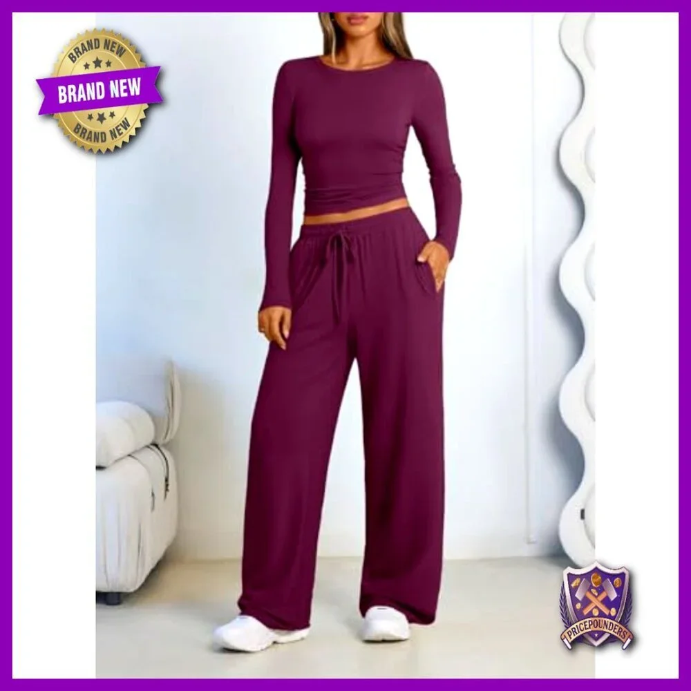 Two Piece Lounge Set Long Sleeve Wide Leg Pants Comfort Stretch Business Casual